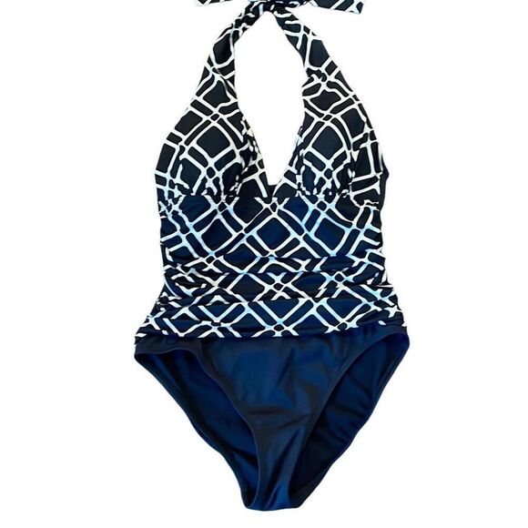 La Blanca black and white geometric ruched side halter one piece size 8 - Picture 1 of 8